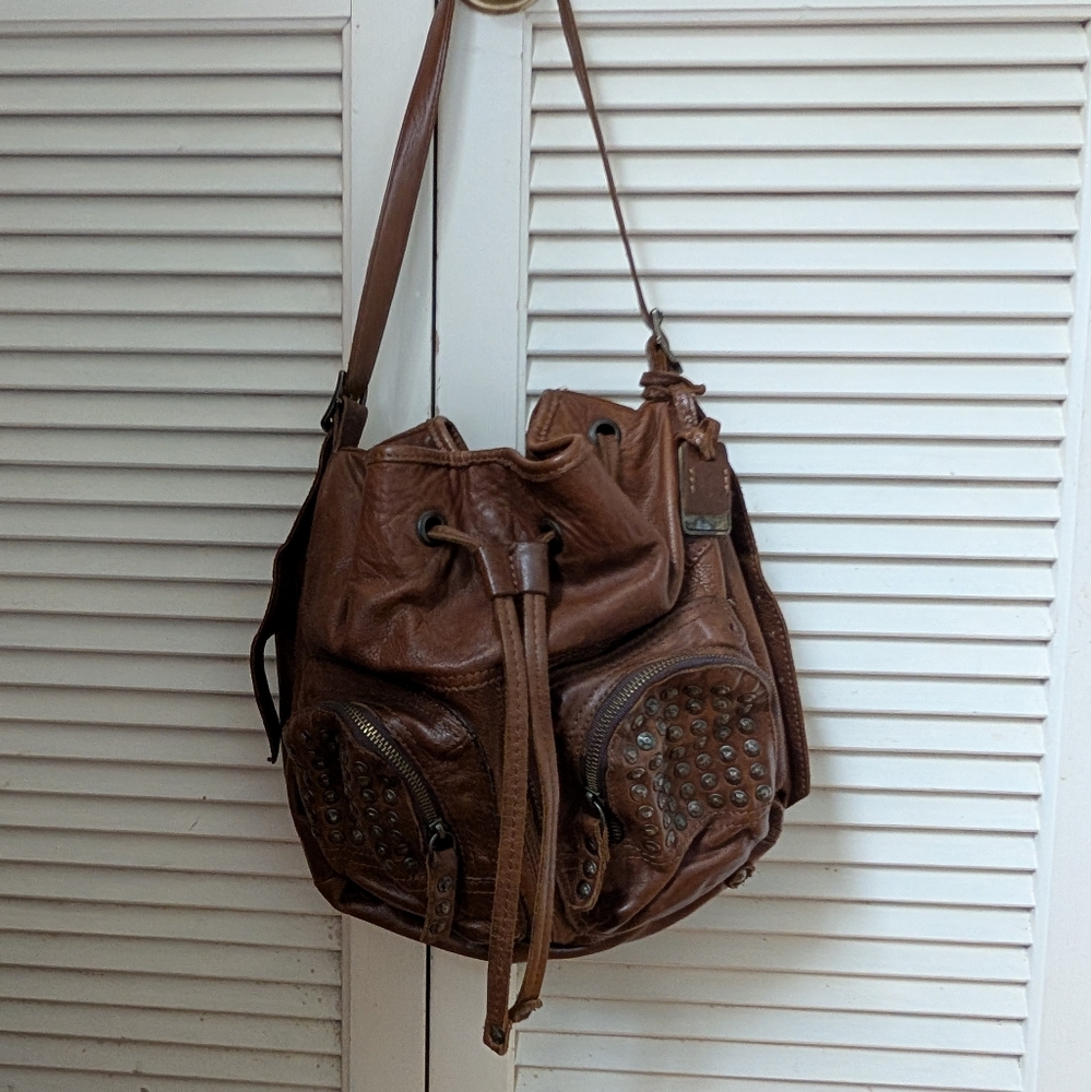 Frye Tan Leather Hobo Bag with Studs
